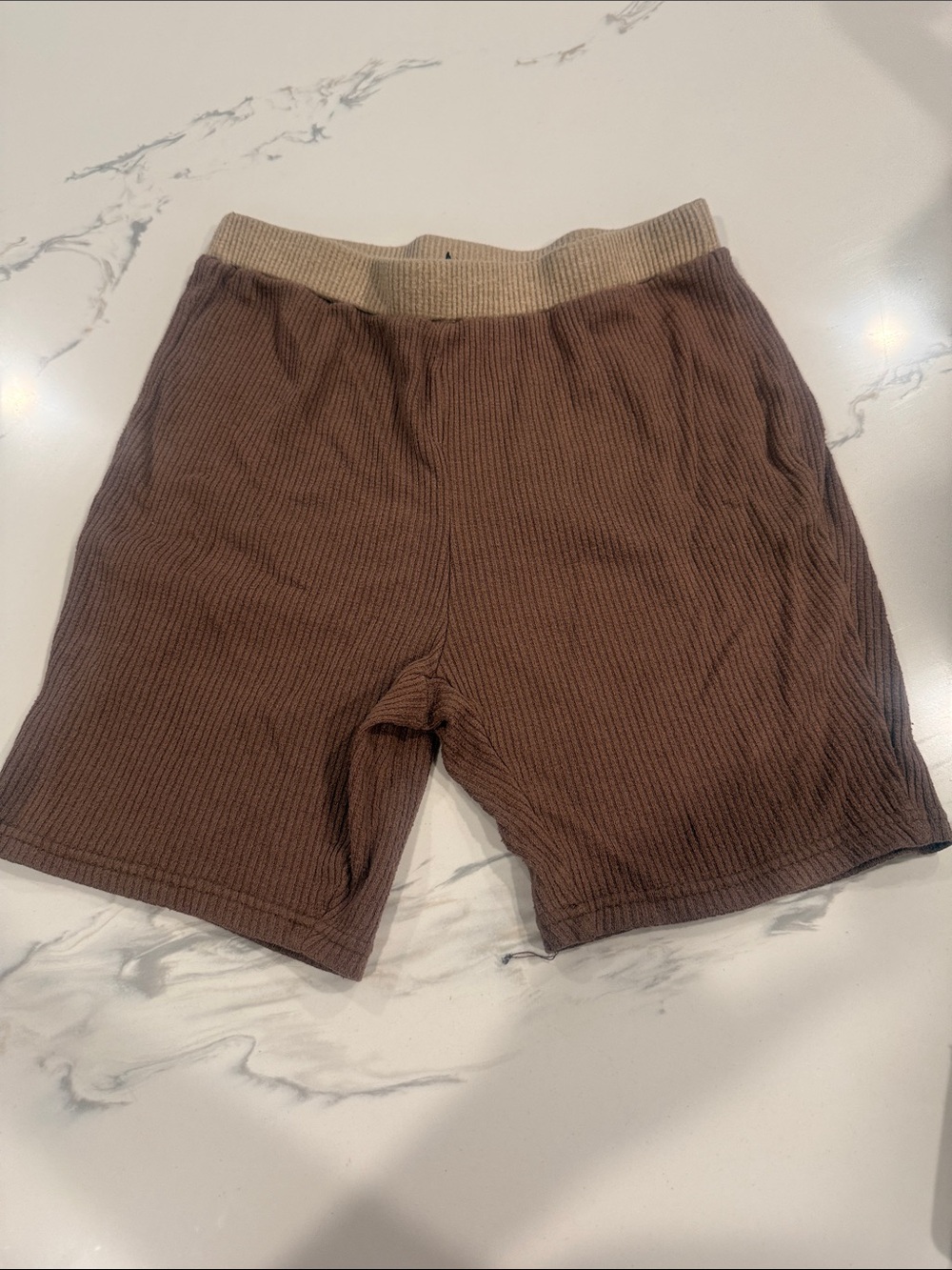 SHEIN Brown Ribbed High-Waist Shorts with Cream Waistband